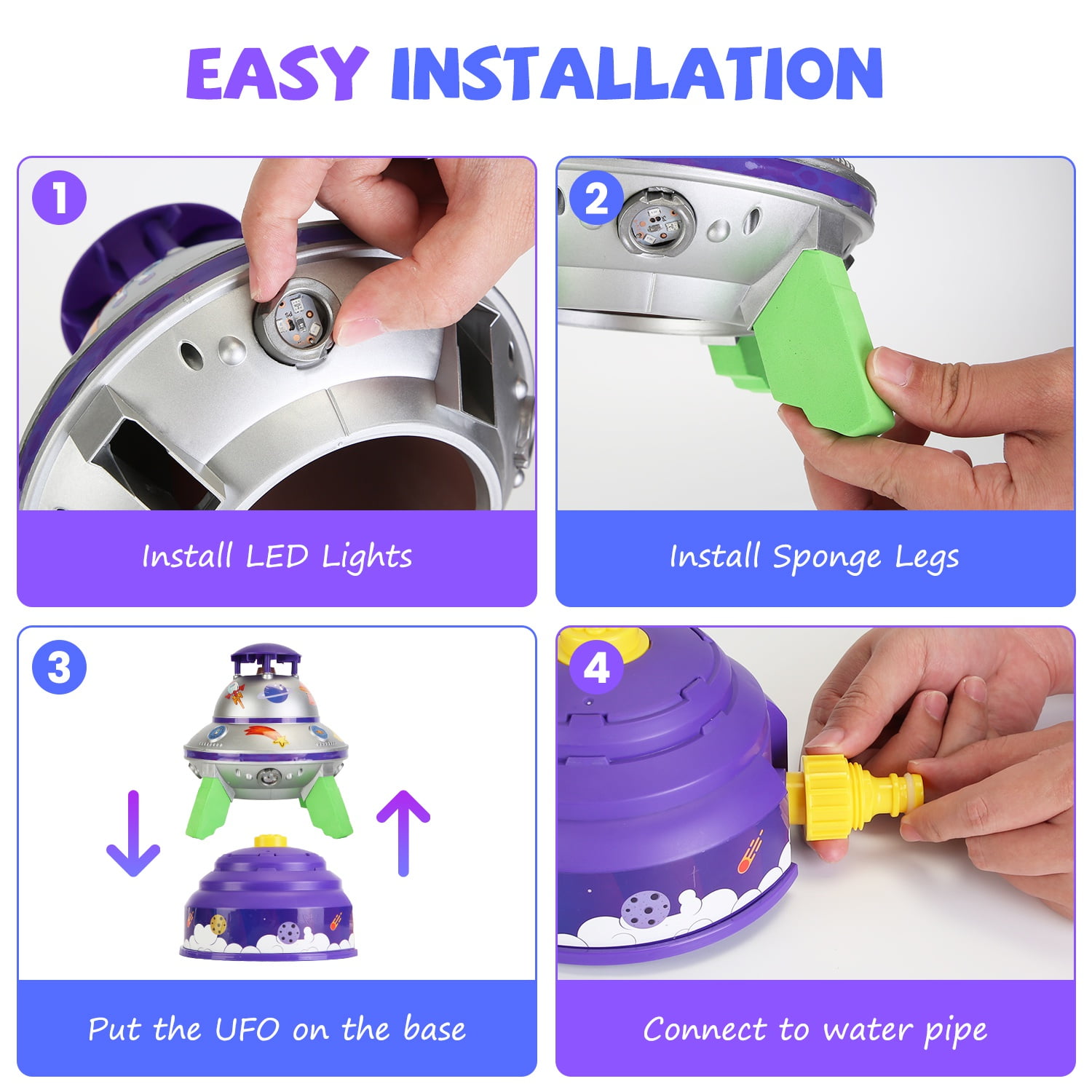 Outdoor Summer  Water Sprinkler With Colorful LED Lights, 360° Spinning  Rocket Toy, 1.64FT To 6.56FT Adjustable Height