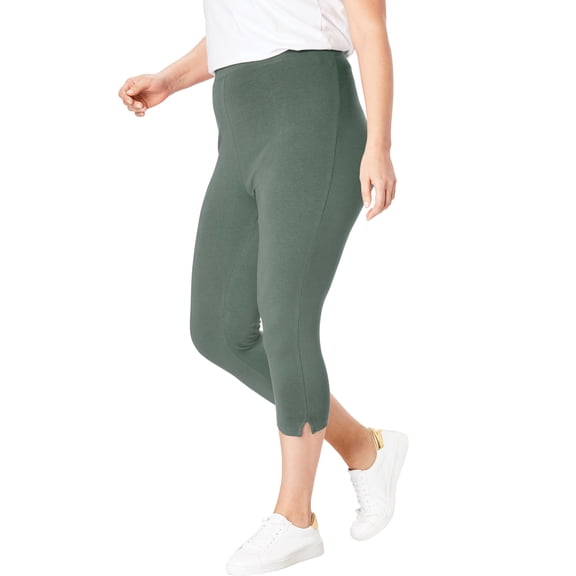 Woman Within Plus Size Capri Pull-On Stretch Knit Cotton Spandex Leggings