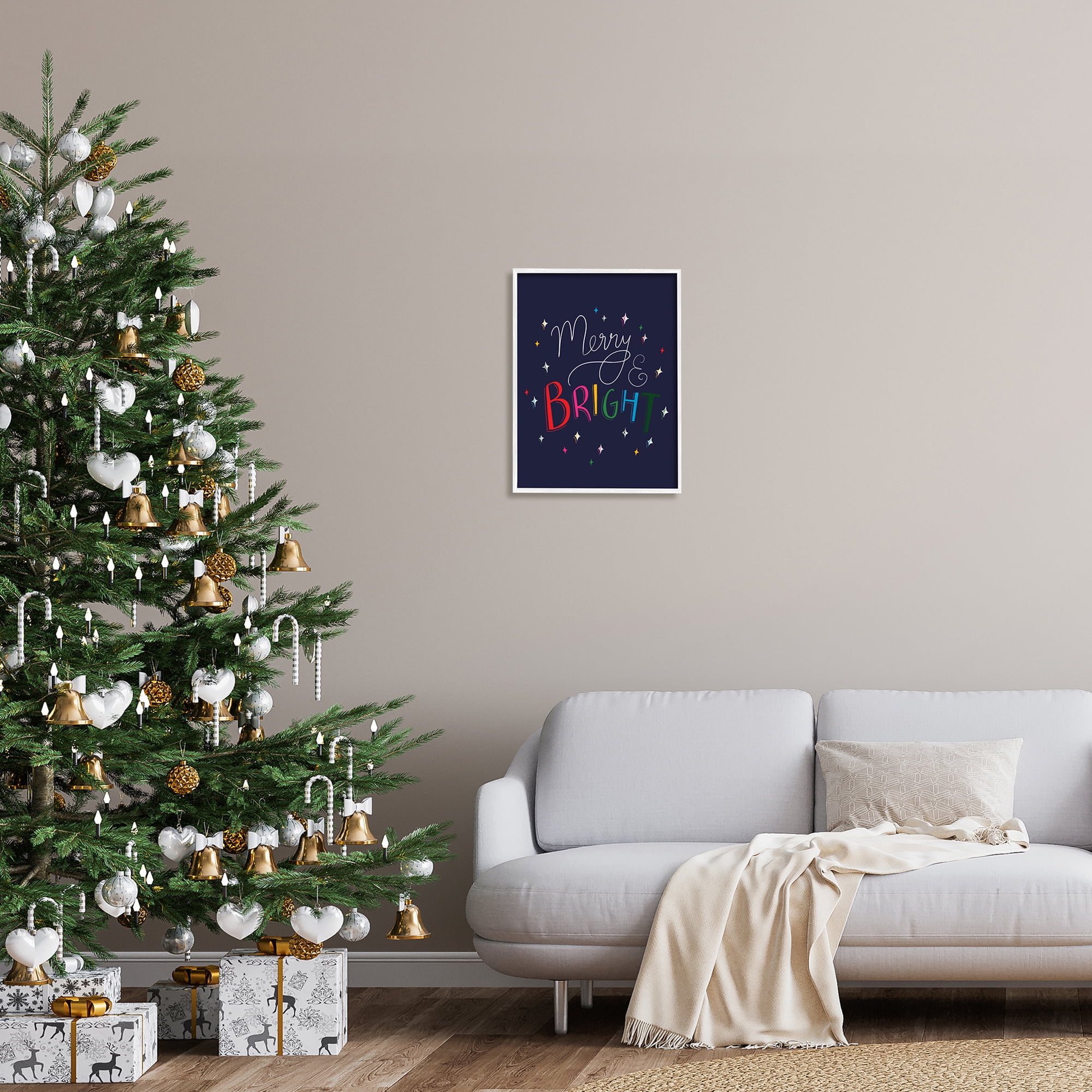 Merry & Bright Whimsical Sparkle Rainbow Typography Inspirational Graphic Art Framed Art Print Wall Art