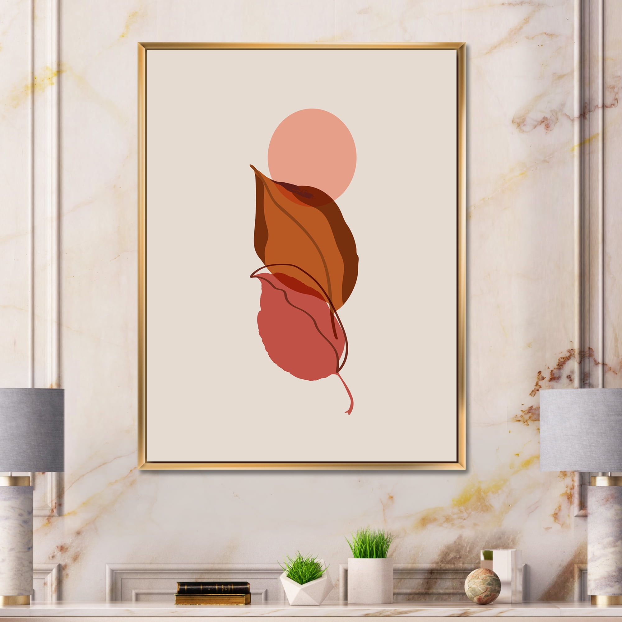 A Red Full Moon Over Two Autumn Leaves 30 in x 40 in Framed Painting Canvas Art Print, by Designart