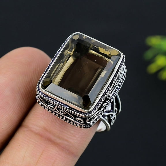 Natural Smoky Topaz Gemstone Handmade 925 Sterling Silver Ring Size 9