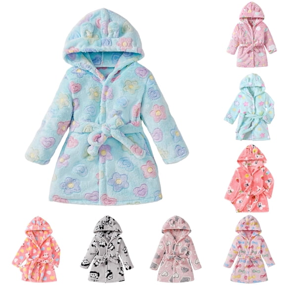 REDARER Kids Hooded Bathrobe Soft Plush Long Sleeve Colorful Flower Heart Print Self Tie Warm Sleep Robe For Boys Girls,12-24 Months