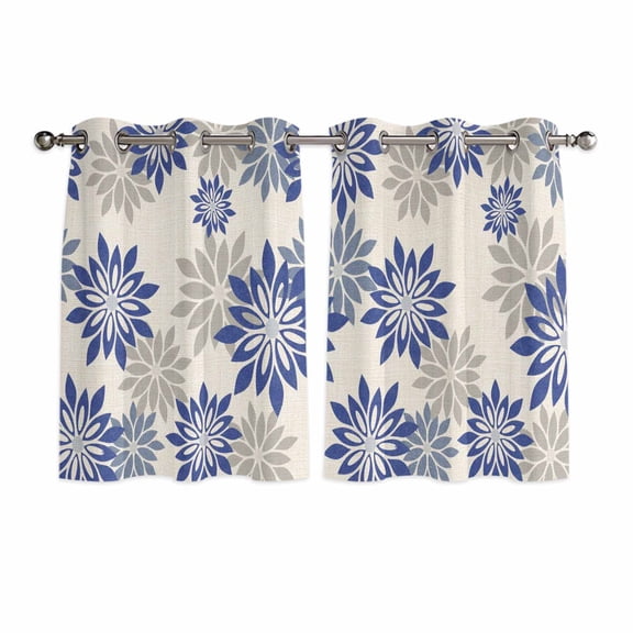 Geometric Flower Kitchen Curtains Window Panels, Vintage Country Floral Blue Grey on Linen Insulated Window Treatment Curtain, Grommet Curtains for Bedroom/Living Room/Bathroom, 2 Piece 42"Wx45"L