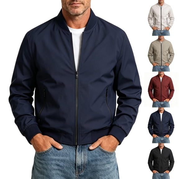 Men's Casual Bomber Jacket Business Stand Collar Solid Color Casual Baseball Jacket Winter Fall Versatile Short Windbreaker Jacket with Zipper Pockets