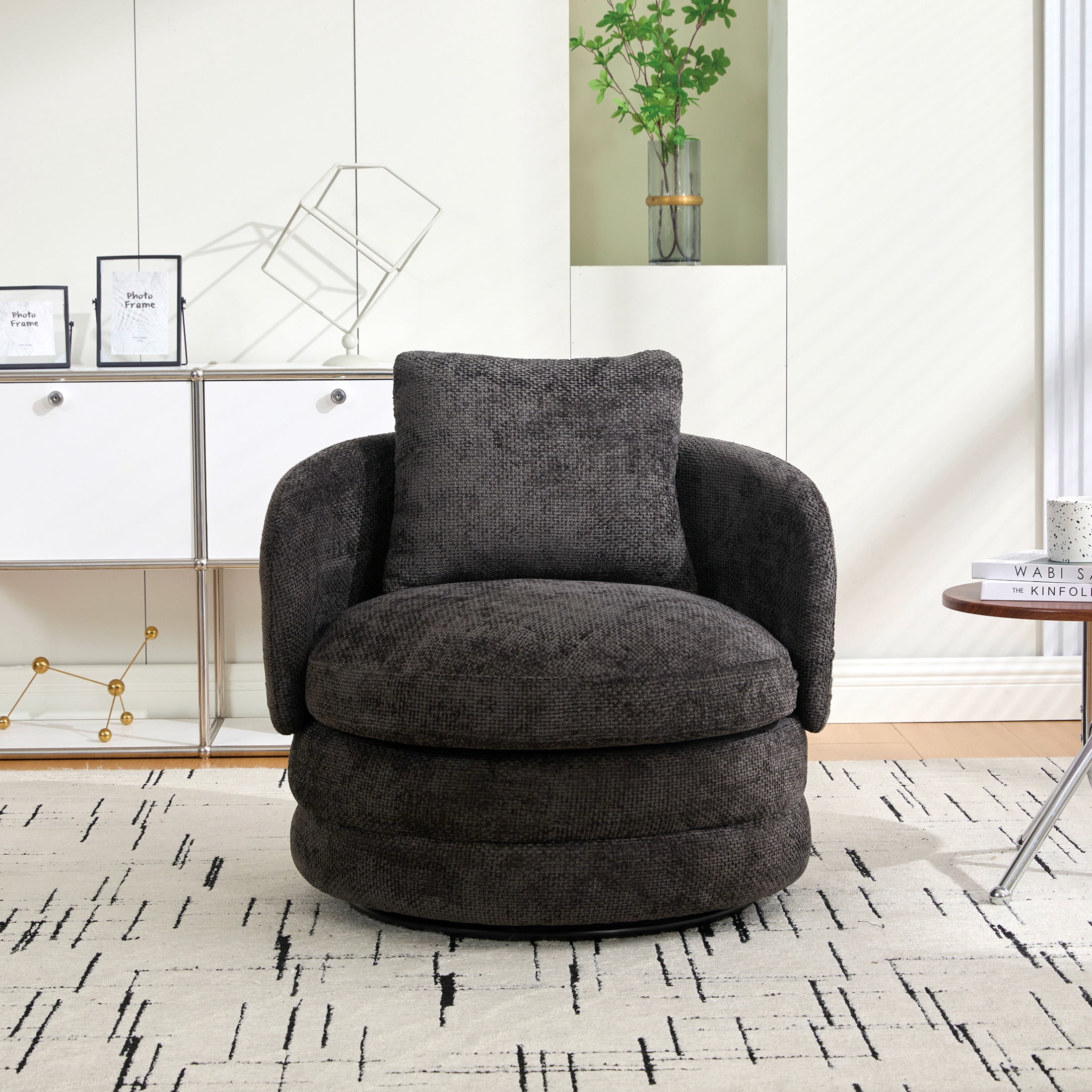 Noble House Norlyn 30" Chenille Swivel Barrel Accent Chair, 360° Comfy Lounge Reading Armchair with Pillow, Dark Gray