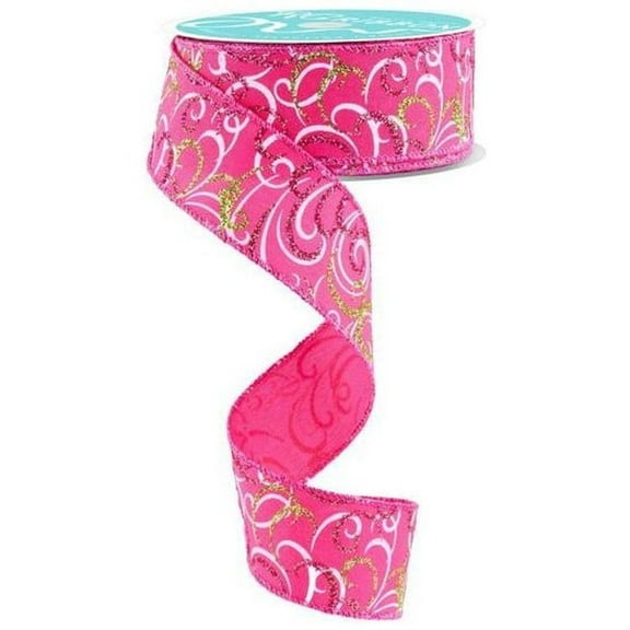 1.5" Multi Swirls Glitter Ribbon: Hot Pink/Lime/White (10 Yard)