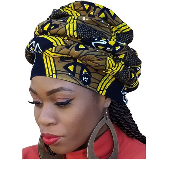 Dupsies Black Yellow African Print Ankara Modu Hat Pre Tied Head