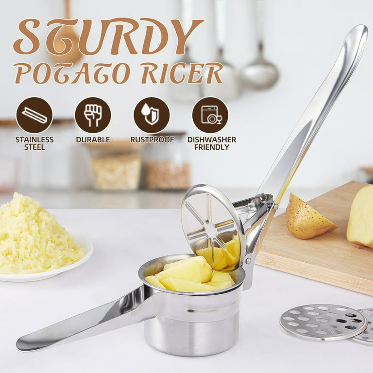 Heavy Duty Stainless Steel Potato Masher and Ricer Kitchen Tool, Press and Mash for Perfect Mashed Potatoes,With 3 Interchangeable Washers, Size: 10.7