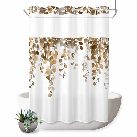 No Hook Shower Curtain, Orange Eucalyptus Leaves Shower Curtains for Bathroom with See Through Top Window, Weeping Spring Botanical Summer Waterproof & Washable Bath Curtain Stall 48"x72"
