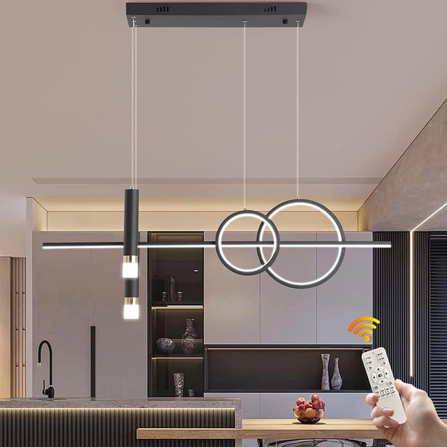 SHILIU-Modern Linear Pendant Light, Dimmable LED Pendant Lighting with Remote, Adjustable Pendant Hanging Lamp Fixture, Creative Linear Wave LED Chandelier for Kitchen Island Dining Room,45W/Black