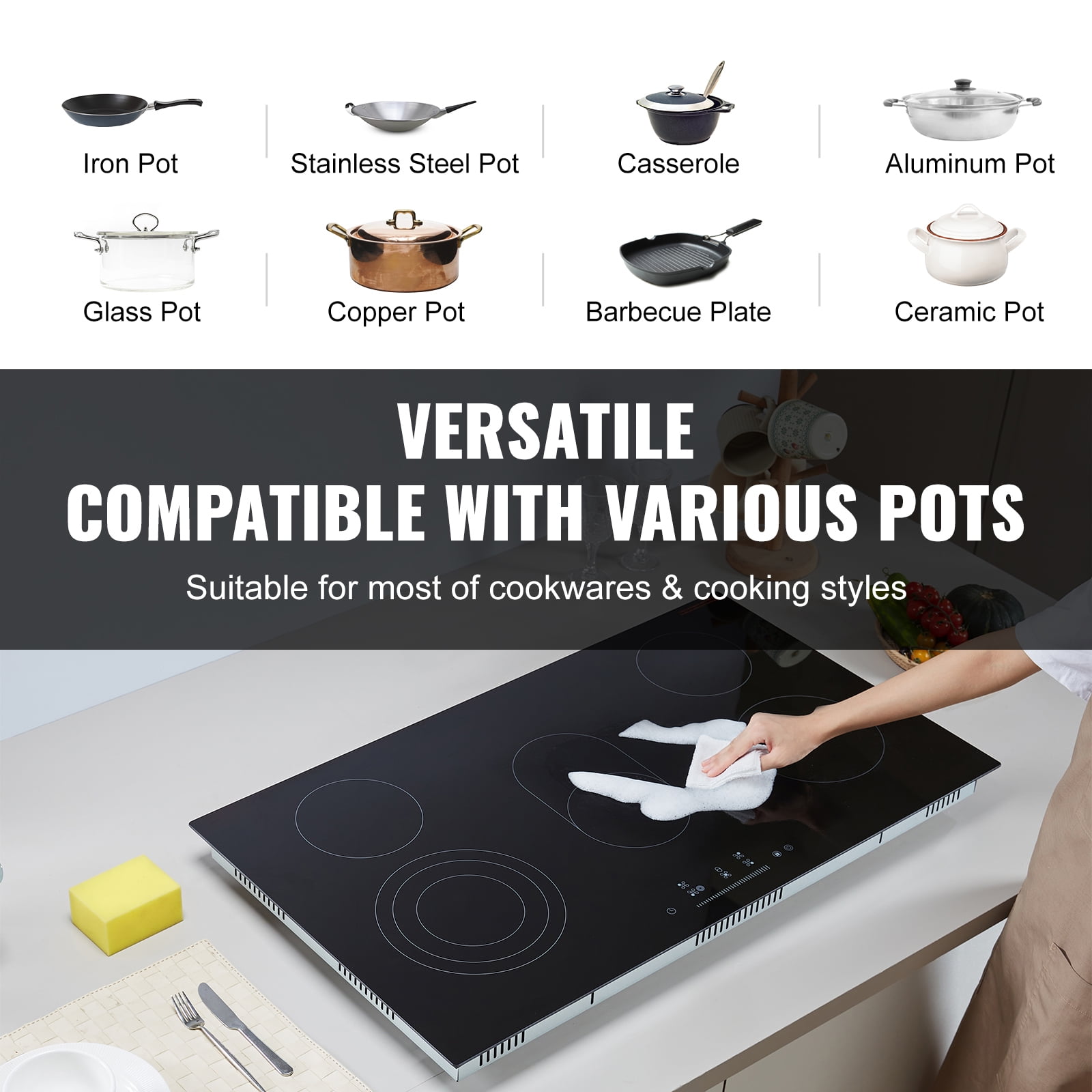 KFFKFF 36-inch Built-in Electric Cooktop with 5 Burners, 8600W Ceramic Radiant Surface, Glass Panel, Touch Controls, Timer, Child Safety Lock, 9 Adjustable Heat Levels, 220-240V Hardwired Connection