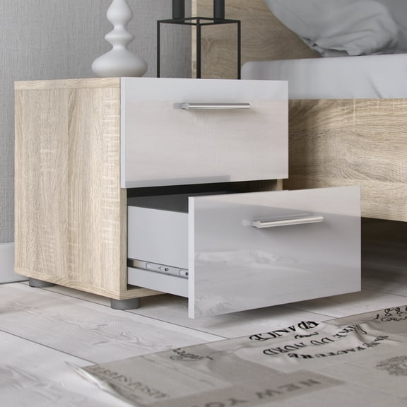 Tvilum Loft 2 Drawer Bedroom Nightstand for Adults, Oak Structure/White High Gloss
