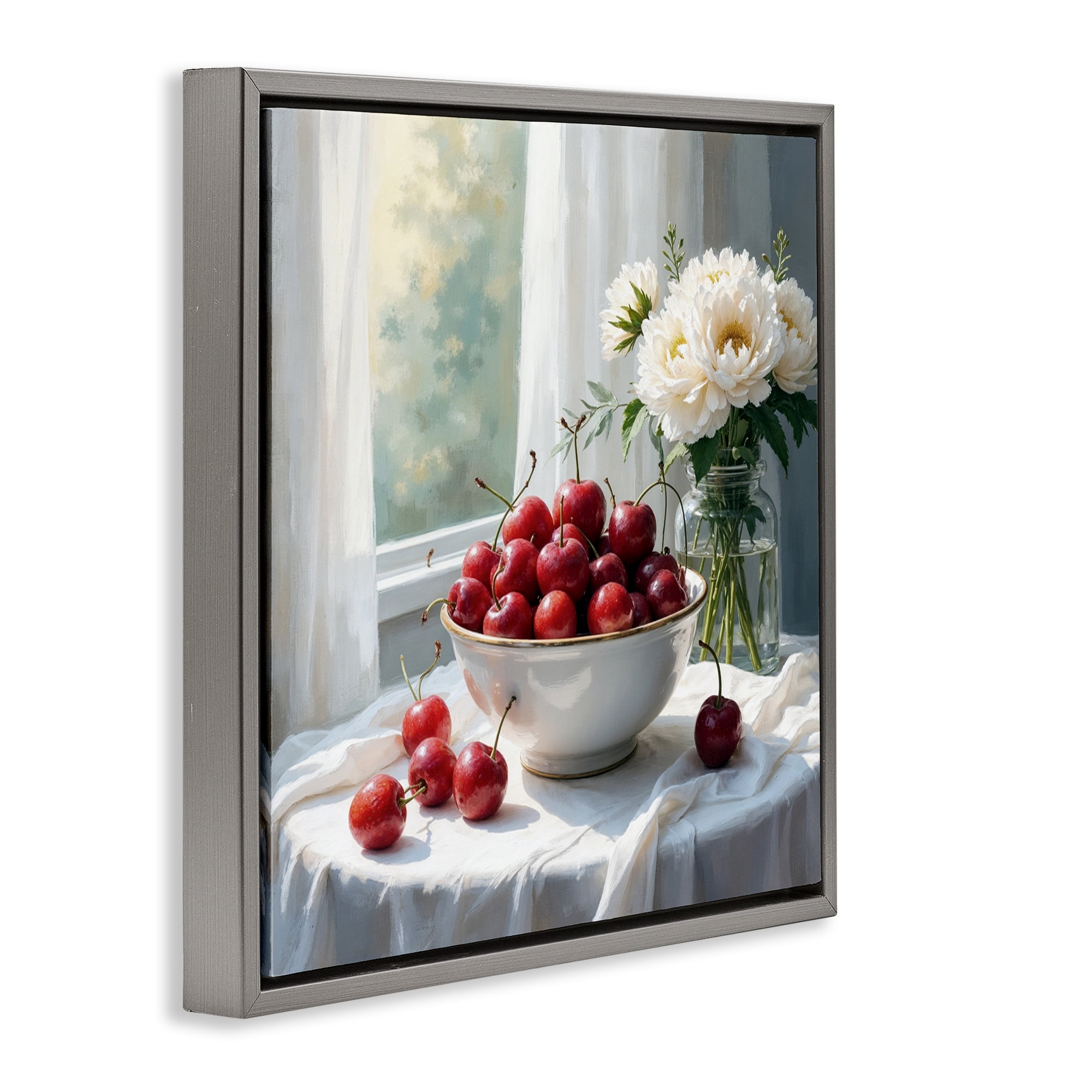 Cherries & Flowers Still Life Gray Framed Floater Canvas Wall Art, design by Lettered and Lined