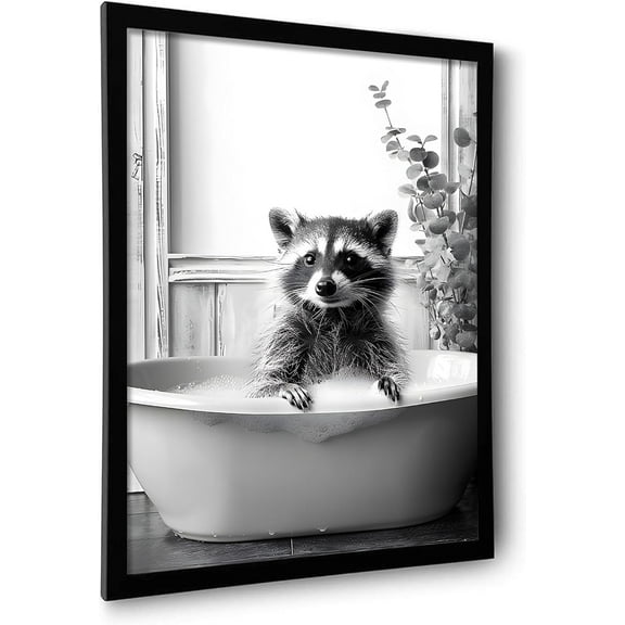 Aaheei Bathroom Decor Wall Art Funny Raccoon in Bathtub Canvas Painting Prints Black and White Humor Animal Picture Cute Animals Poster for Kid's Restroom Bathroom (Raccoon, Black) 8 x 10 in