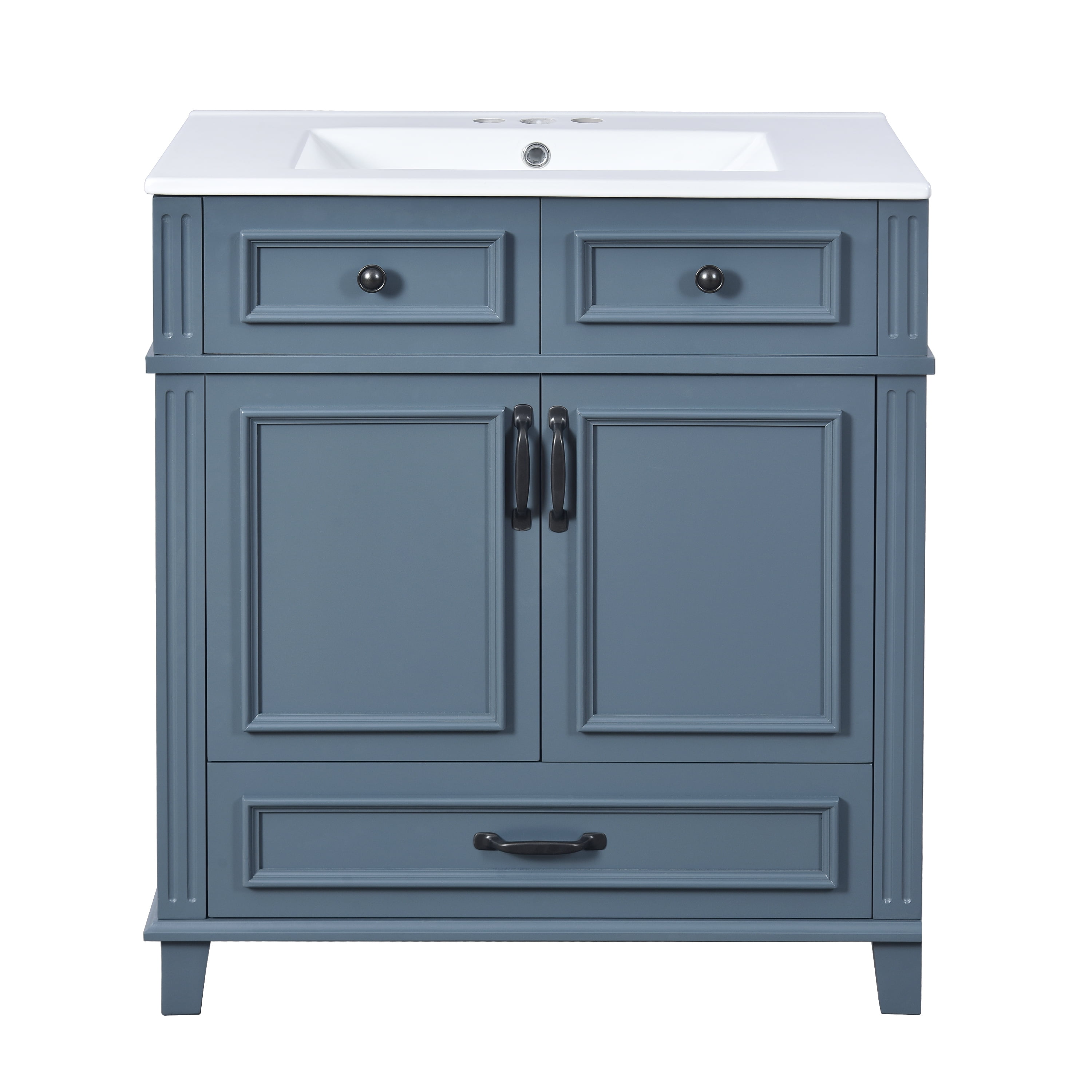 30 Inch Retro Bathroom Vanity with Ceramic Sink Solid Wood Storage Cabinet Soft Closing Doors Blue