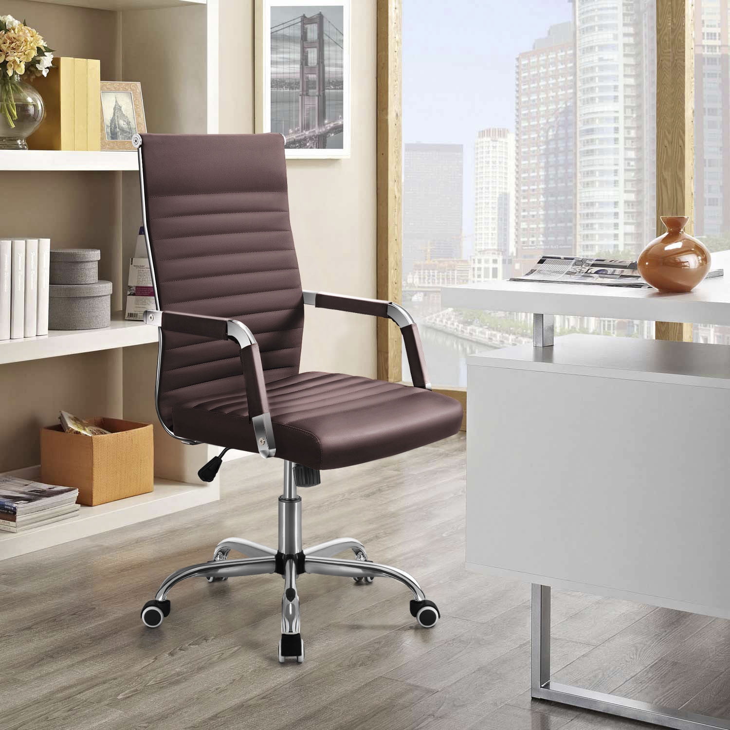 Lacoo Mid-Back Faux Leather Office Desk Chair Executive Conference Task Chair with Arms, Brown