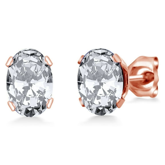 Gem Stone King 3.00 Ct Oval 7x5mm White Zirconia Brass Rose Gold Plated Brass Stud Earrings for Women Men
