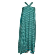Mogul Magic Wrap Skirt Green Floral Print Premium Reversible Silk Sari Two Layer Sarong Dress