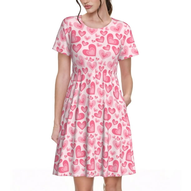 Fotbe pink heart Vestido Largo de Moda para Mujer, Vestido Tipo Camiseta con Manga Corta y Estilo Casual a Rayas y Bloques de Color
