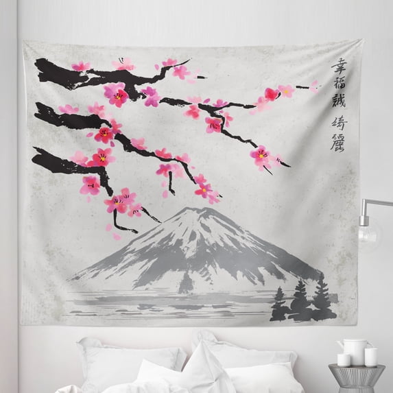 Japanese Tapestry, Greyscale Grunge Background with Fujiyama Mountain and Cherry Blossoms, Fabric Wall Hanging Decor for Bedroom Living Room Dorm, 5 Sizes, Grey Black and Pink, by Ambesonne
