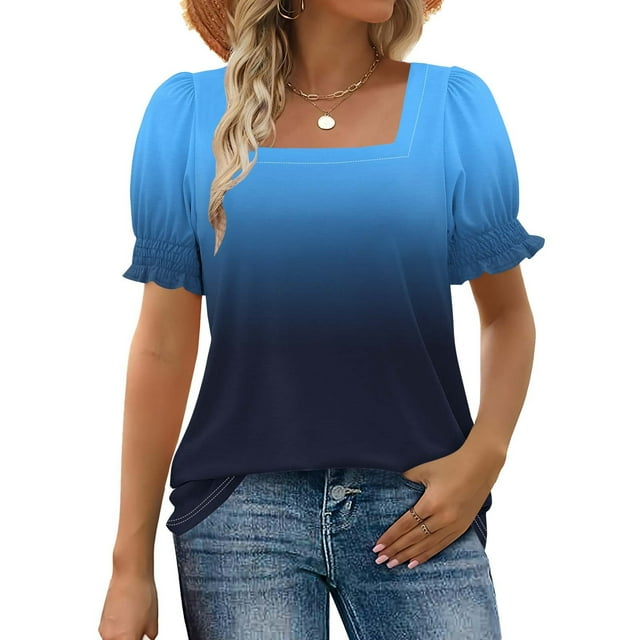 Hauts pour Femmes à Moins de 5$ T-shirt Décontracté à Manches Courtes Col Carré Dégradé Bleu P