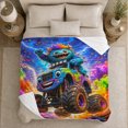 thumbnail image 4 of Energetic Monster Truck Adventure Scene Blue Fur Monster, Playful Fantasy Scene, Warm Flannel Blanket for Home Library and Reading Nook, Celestial Art Lovers Housewarming Gift, Fantasy Home Decor, 4 of 7
