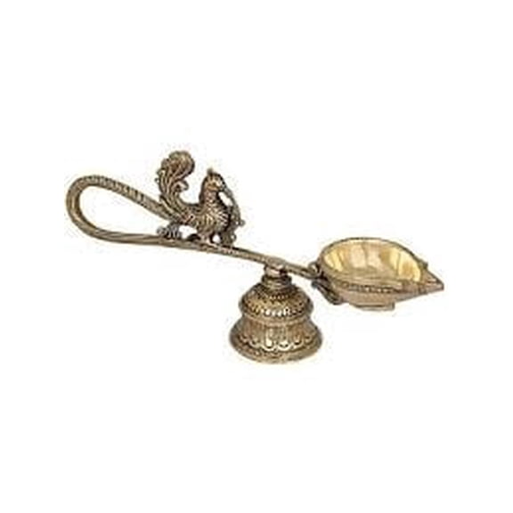 9 Inch Handheld Peacock Aarti with Attached Bell Stand Brass - Ritual Handmade