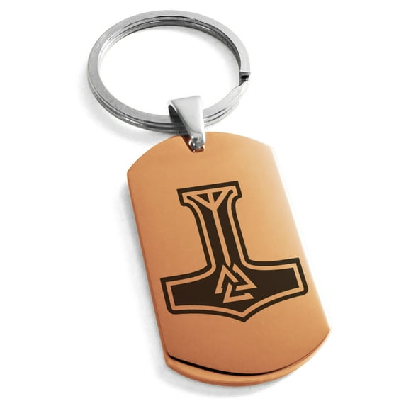 Stainless Steel Valknut Mjolnir Thor's Hammer Engraved Dog Tag Keychain Keyring