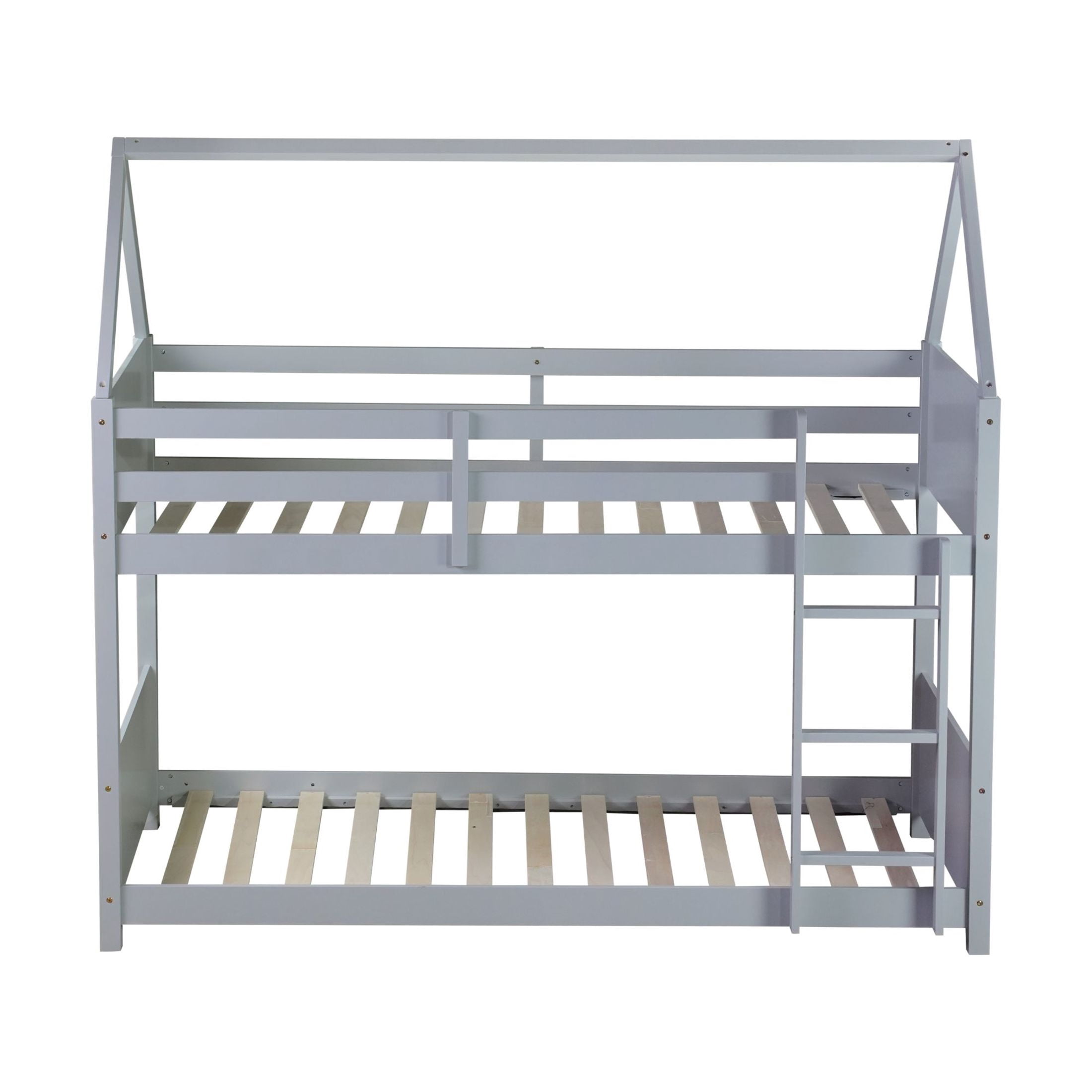 Noble House Twin Over Twin House Floor Bunk Bed, Rubber Wood Frame with Headboards, Guardrails & Ladder, Light Grey