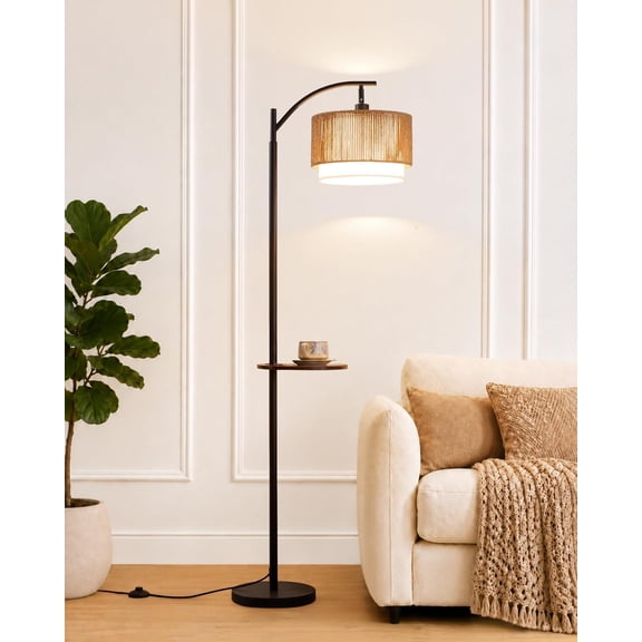 Rattan Floor Lamp for Living Room with Side Table, Farmhouse Arc Floor Lamp with 3 Color Temperatures and Rattan & Fabric Lamp Shades, Boho Standing Lamp for Living Room, Bedroom Corner