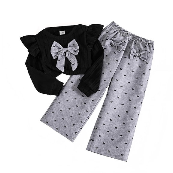 Afdoent Girls 2 Piece Outfit Knit Bowknot Crop Tops Shirt Wide Leg Pants Two Piece Outfit For Toddler Fall 6-7 Years