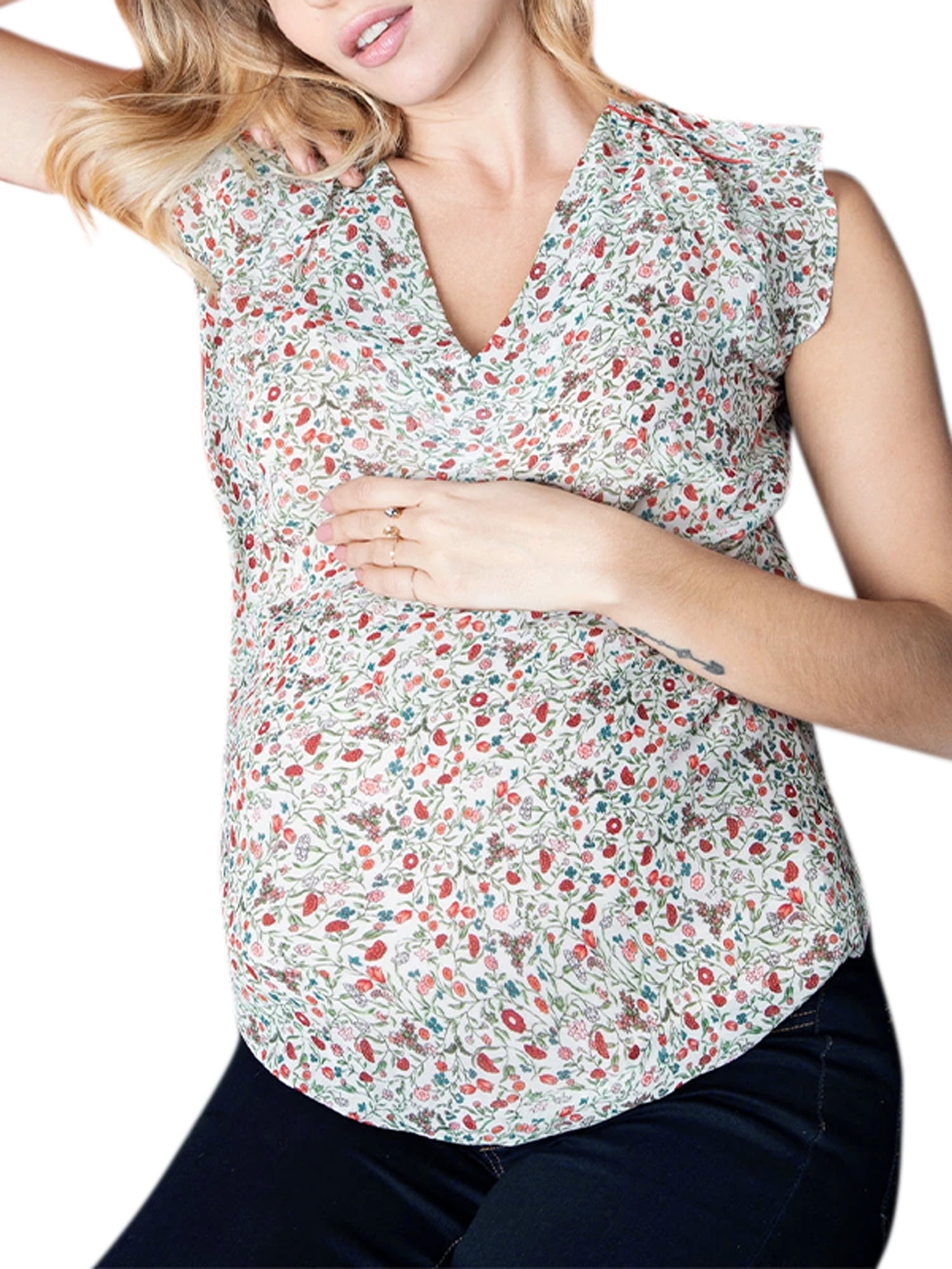 Women's Pregnant Floral Summer Maternity V Neck Tank Tops Ruffle Sleeve