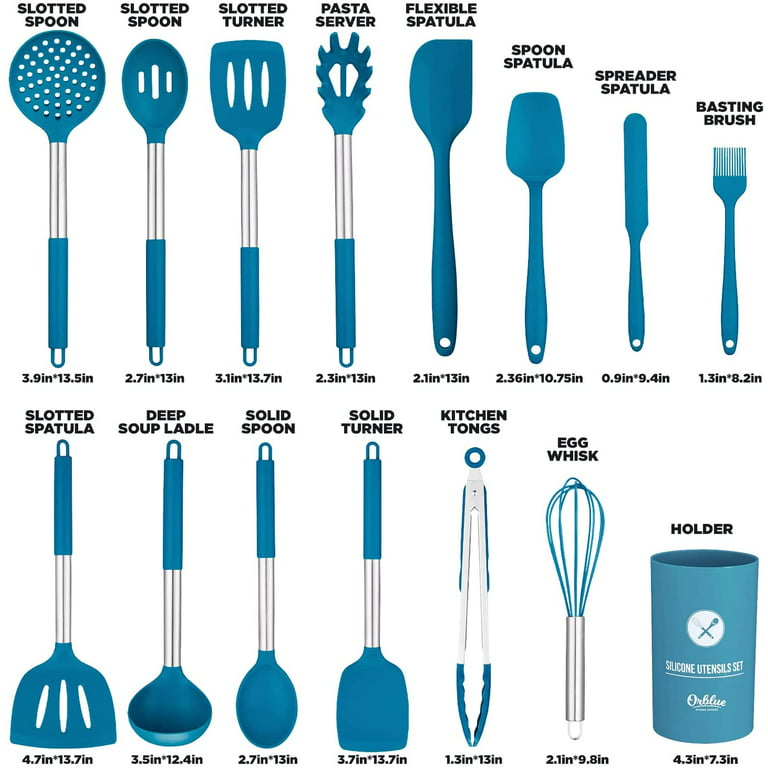 Orblue Silicone Cooking Utensil Set, 14-Piece Kitchen Utensils with Holder,  Safe Food-Grade Silicone Heads and Stainless Steel Handles with Heat-Proof  Silicone Handle Covers, Blue 