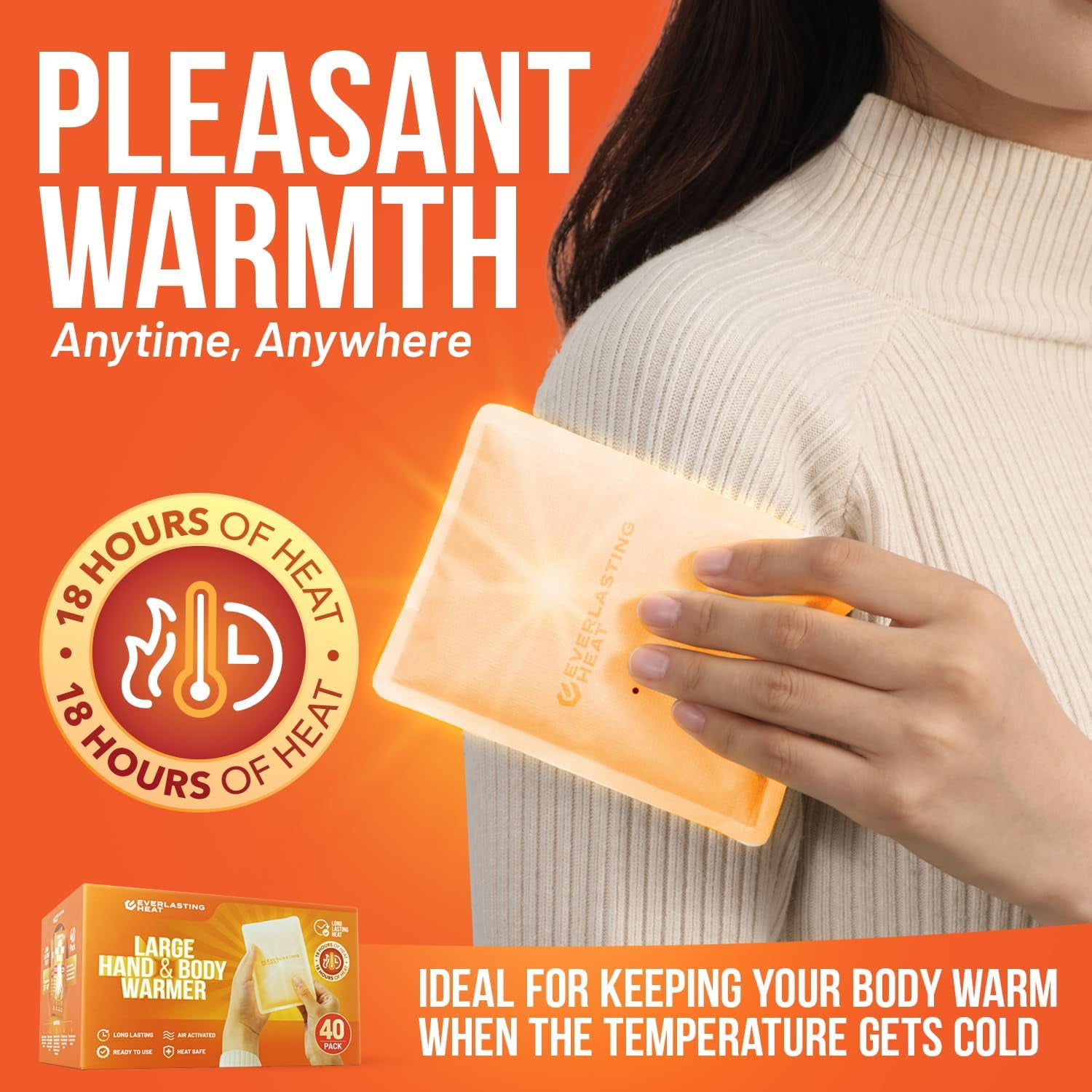 Everlasting Heat Large Hand Warmers and Body Warmers, Long-Lasting Heat Packs for Cold Weather, 40-Pack