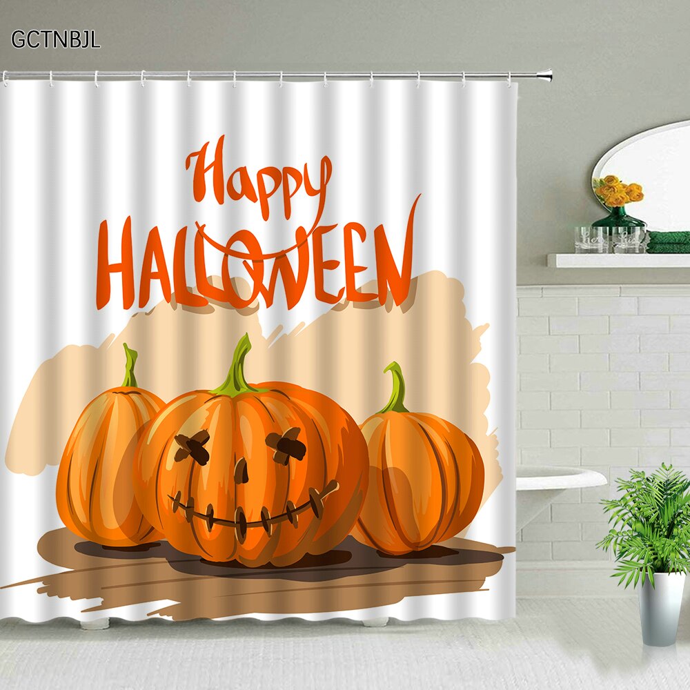 Halloween Pumpkins Shower Curtains Set Cute Cartoon Skull Witch Moon