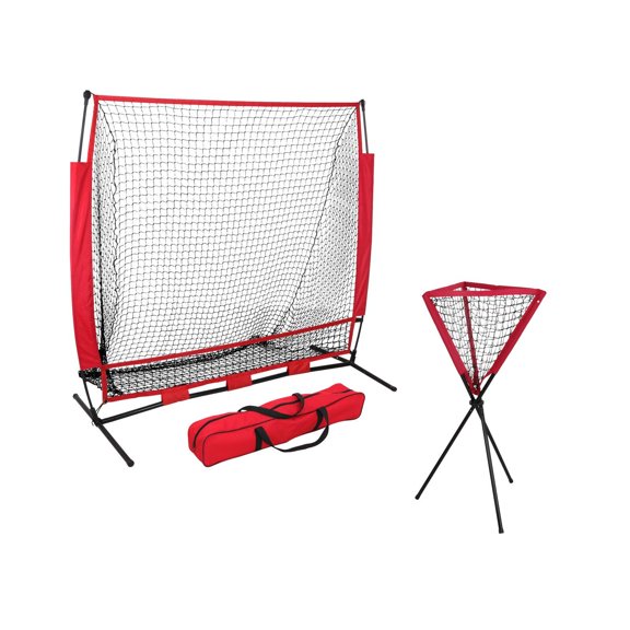 YKITRD Baseball Practice Net, 5×5Ft Strike Zone, Powder-Coated Steel Frame & Tear-Resistant Polyester Net, Portable with Carry Bag, for Indoor/Outdoor Use (Red Black)​