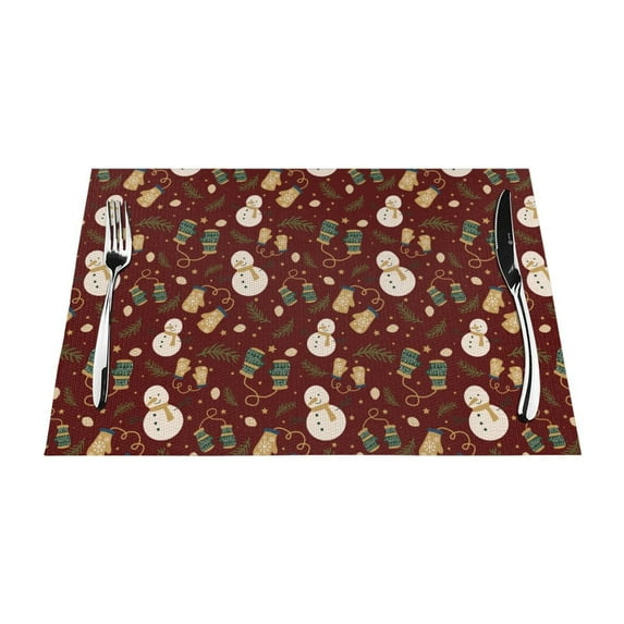 XMXT 6 Pcs Woven Placemats, Cartoon Snowman Gloves Pattern Stain Resistant Anti-Skid Placemat for Kitchen Table, 12 x 18 inches