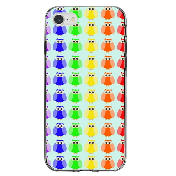 DistinctInk Clear Shockproof Hybrid Case for iPhone 7 8 SE (2020 Model) 4.7" Screen TPU Bumper Acrylic Back Tempered Glass Screen Protector - Rainbow Owls Cartoon - Cartoon Owls