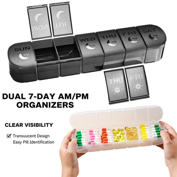 Arthritis-Friendly Easy-Open Lids Extra Large Weekly Pill Organizer 2 Times a Day  AM/PM 7 Day Pill Box, 14 Compartments Large Case for Vitamins, Fish Oil, Supplements & Gummies (Black) Healthcare Pr