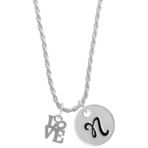 Delight Jewelry Silvertone Mini Love in Square Silvertone Script Initial Disc - N - Charm Necklace, 20"+3"