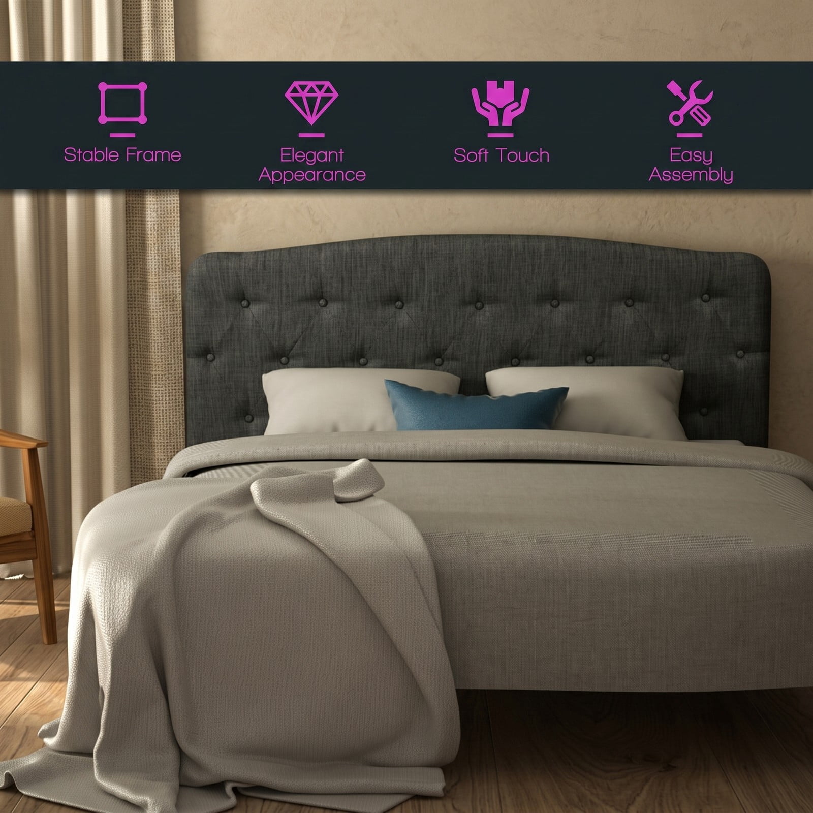 Furnibear Faux Linen Upholstered Full Size Headboard with Diamond Button Tufting and 2 Adjustable Heights for Bedroom and Guest Room, Dark Gray