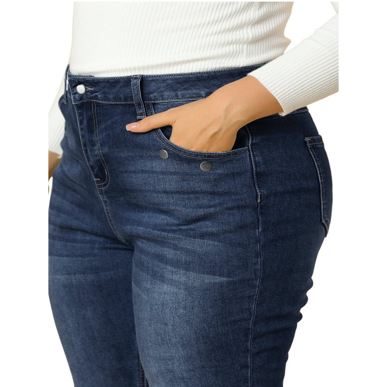 Unique Bargains Women\'s Plus Mid Skinny Jeans Stretch Denim Size Washed Rise