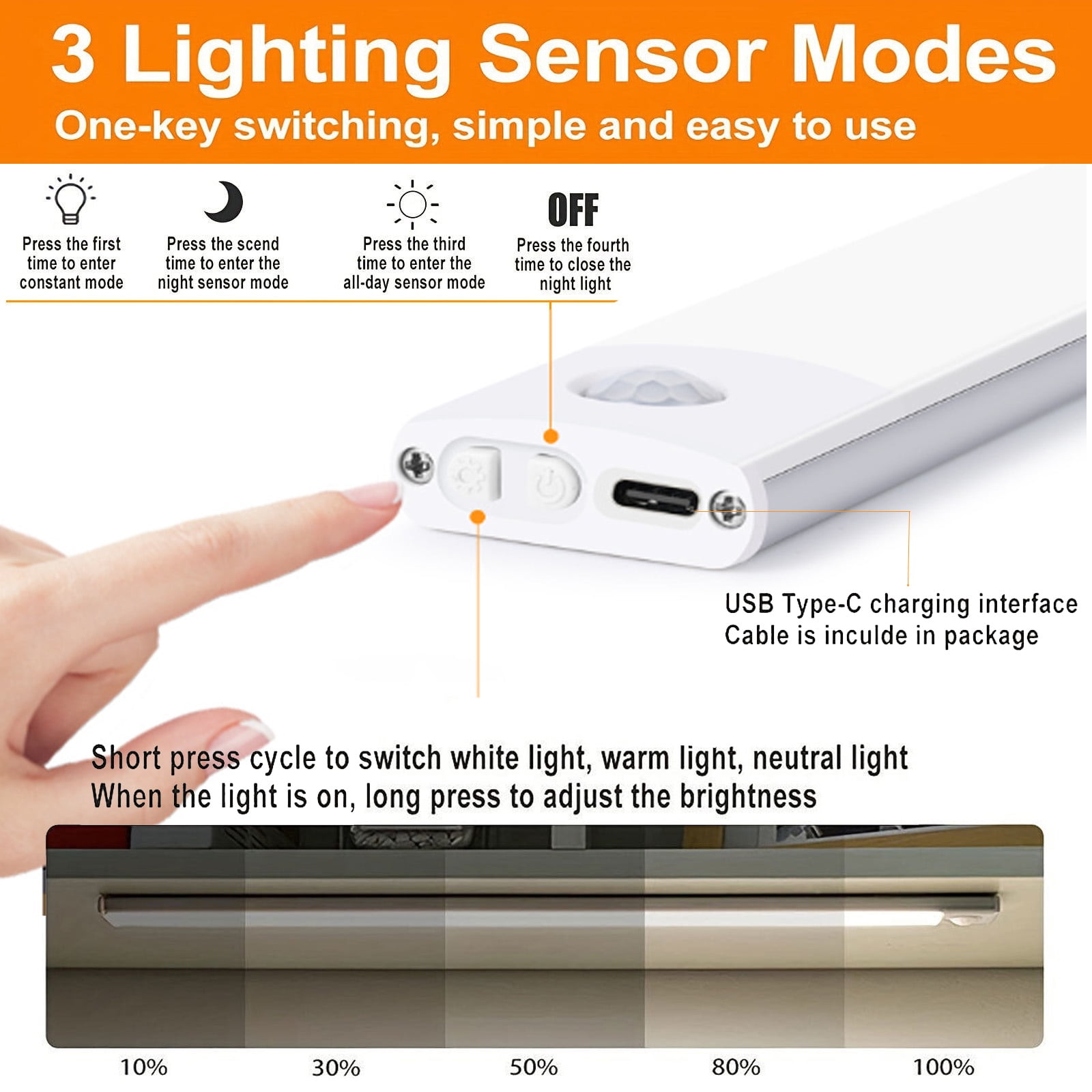 2 Pack Under Cabinet Lights, 15.7" Rechargeable Motion Sensor Light, 3 Lighting Modes Dimmable Wireless Closet Lights with Magnet for Kitchen, Stairs, Hallway- Silver