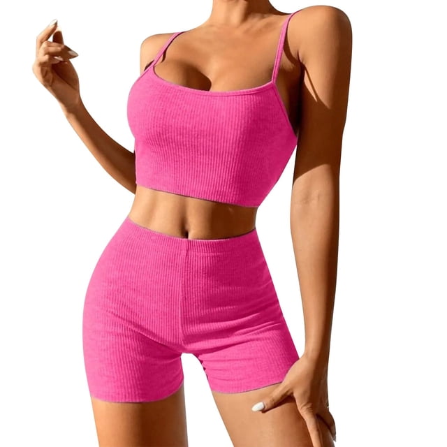 Gibobby Conjunto de Entrenamiento para Mujer Diseño de personalidad Sexy Suspender Shorts Moda Traje Yoga Traje deportivo(Rosa, M)