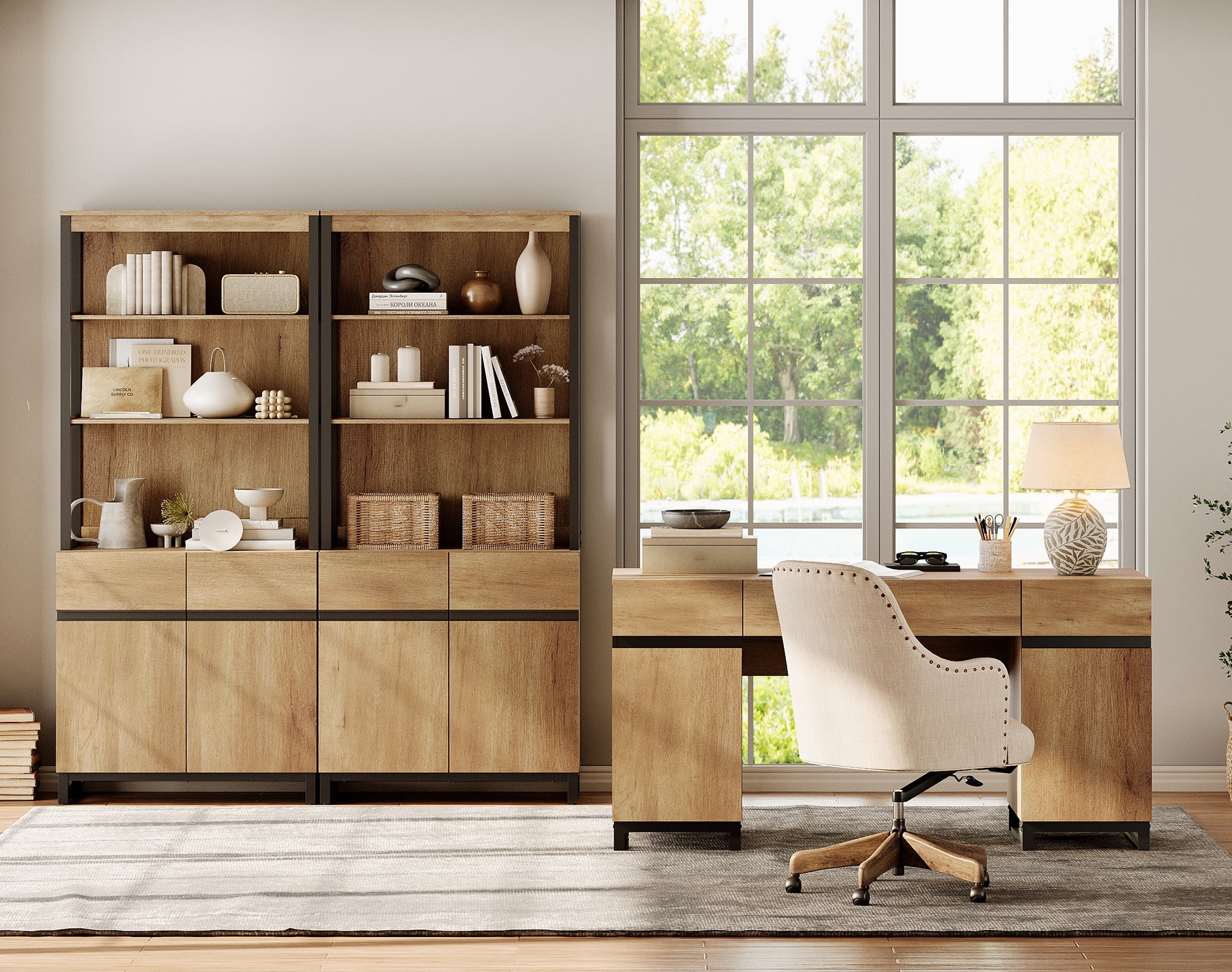 WAMPAT Home Office Set: 59" Modern Desk with Charging Station and Storage Cabinet, 72" Tall Bookcases with Adjustable Shelves, Wood Computer Desk and Library Storage Cabinet for Work Study, Oak