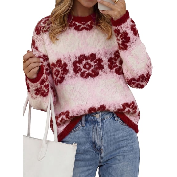 PRETTYGARDEN Women's Floral Crewneck Sweater Knit Pullover Loose Fit, Chunky Knit Sweaters Tops, Dressy Casual Work Vacation Holiday Outfits, Womens Fall Fashion, Winter Clothes