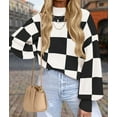 thumbnail image 5 of Women'S Fall Fashion Roll-Neck Long Sleeve Plaid Ribbed Knit Loose Pullover Sweater Tops Black Checkered L, 5 of 9