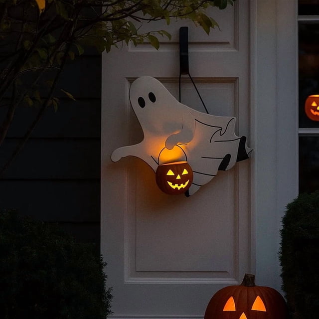 QTOCIO Halloween Ghost With Pumpkin Hanging Lantern - Lighted Ghost Decor For Indoor Outdoor Window Wall