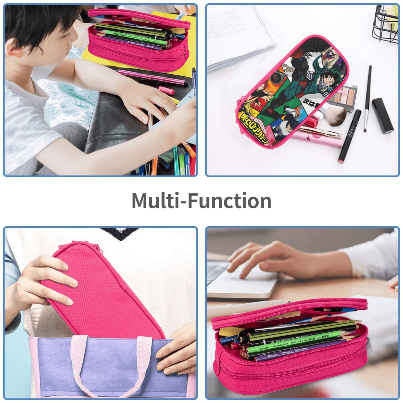 My Hero Academia Pencil Case Large Capacity Pencil Pouch Pen Bag Office Stationery Organizer Travel Makeup Bag Pink