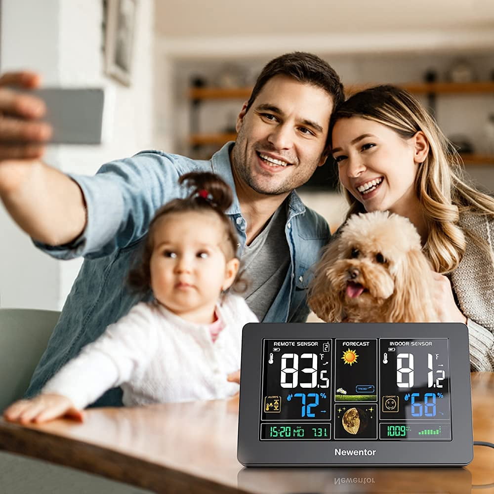 Weather Station Wireless Indoor Outdoor Thermometer, Color Display Digital Weather Thermometer with Atomic Clock, Barometric Pressure, Forecast Station with Adjustable Backlight, Black